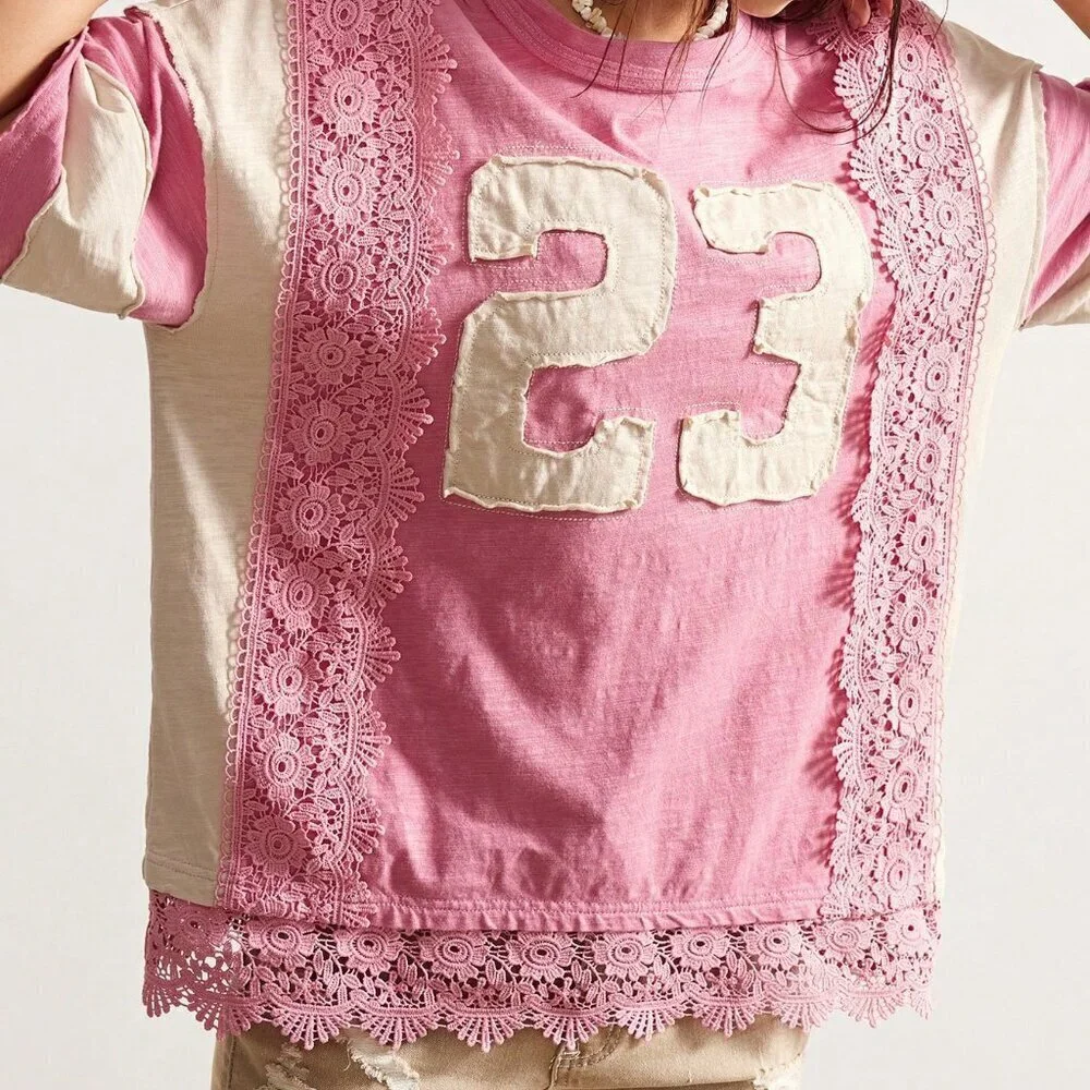 Pink Casual Women's Boho Lace Patchwork Round Neck Loose Washed tee shirt